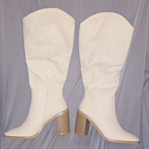 Lulu's Beckyy Bone Suede Square Toe Knee-High Boots from Lulus